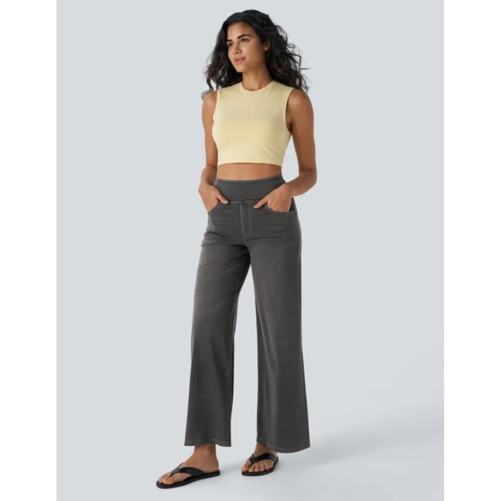 Halara Flex High Waisted Pockets Baggy Wide Leg Washed Jeans Small Charcoal